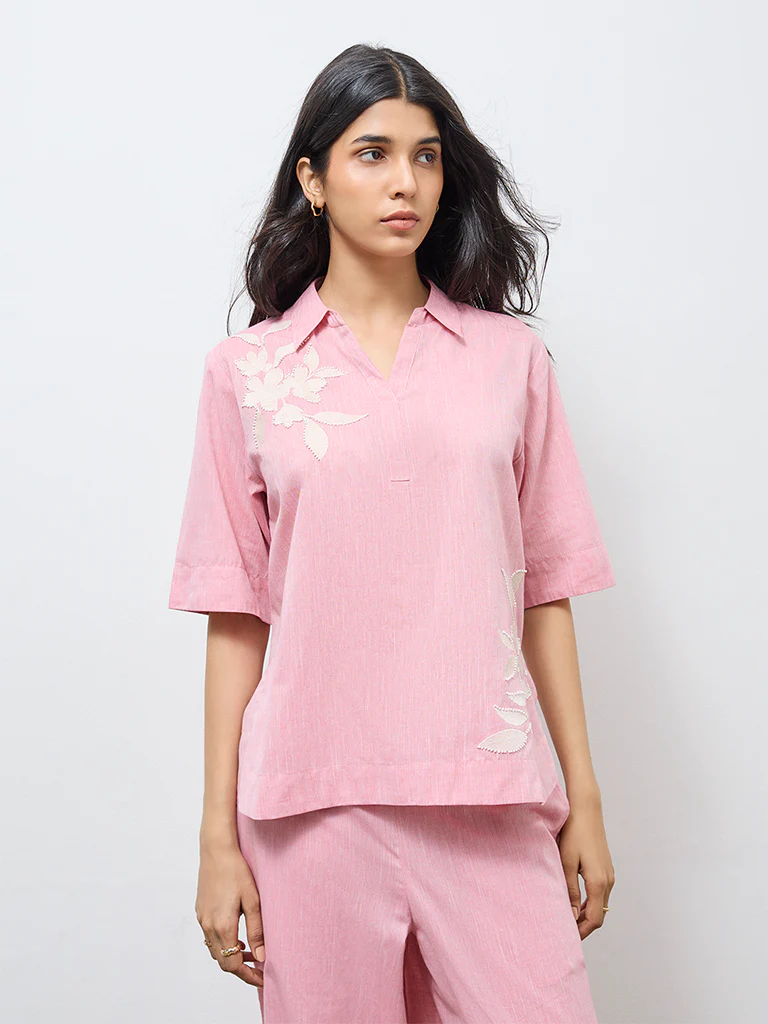 Utsa Light Pink Floral Embroidered Cotton Tunic