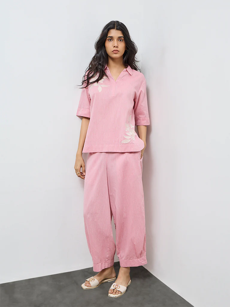 Utsa Light Pink Floral Embroidered Cotton Tunic - Image 2