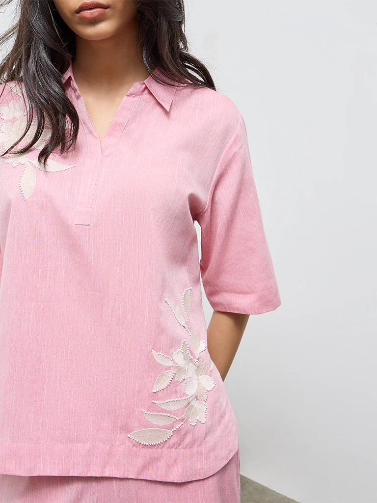 Utsa Light Pink Floral Embroidered Cotton Tunic - Image 3