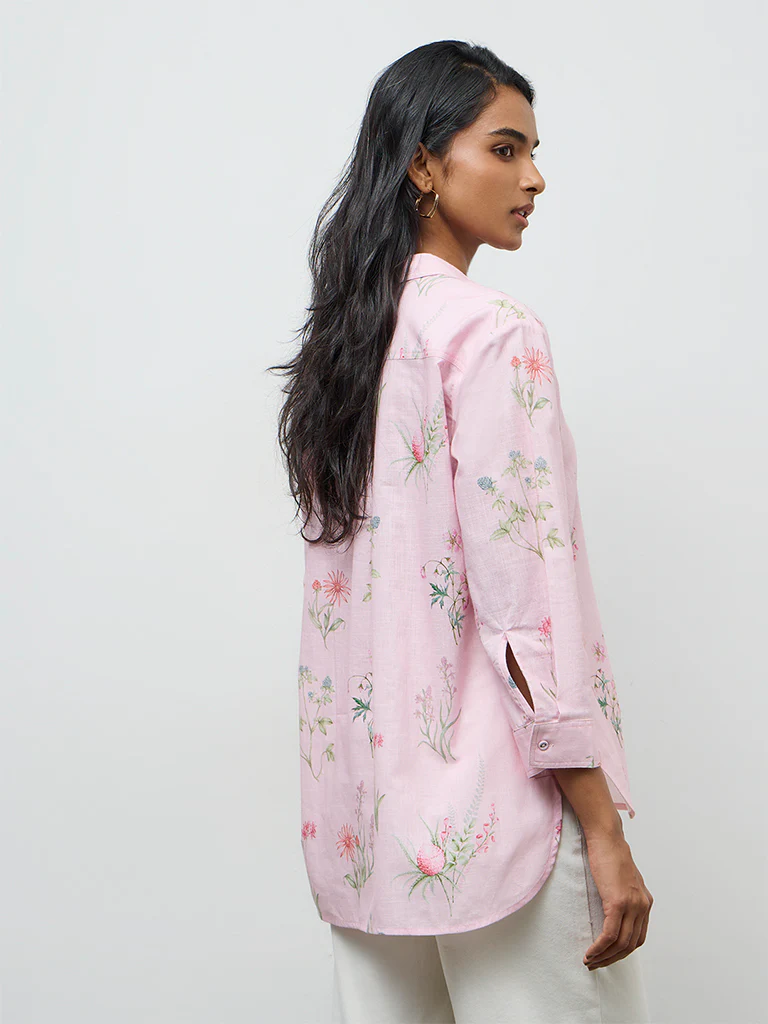 Utsa Light Pink Foliage Printed Cotton Tunic - Image 4