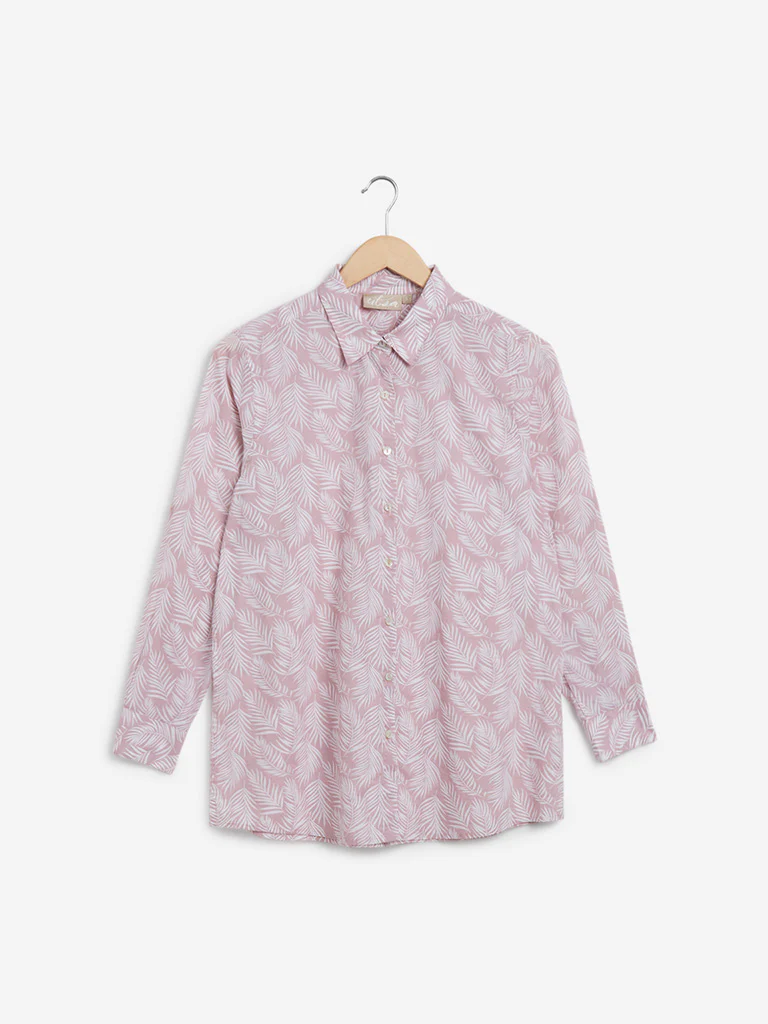 Utsa Light Pink Leaf Printed Ethnic Cotton Shirt
