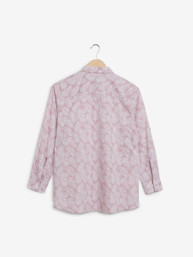 Utsa Light Pink Leaf Printed Ethnic Cotton Shirt - Image 2