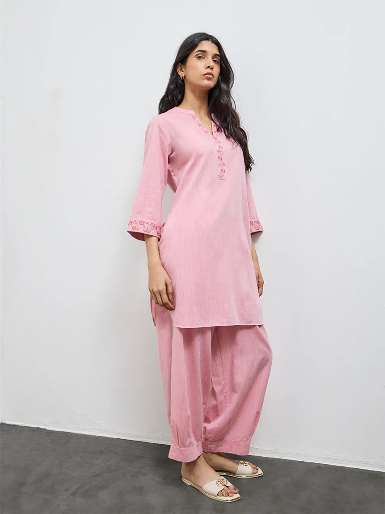 Utsa Light Pink Solid Cotton Harem Pants - Image 2