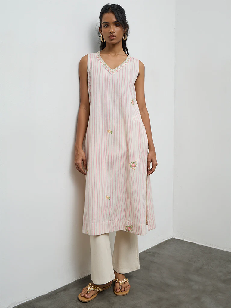 Utsa Light Pink Striped A-Line Cotton-Blend Kurta