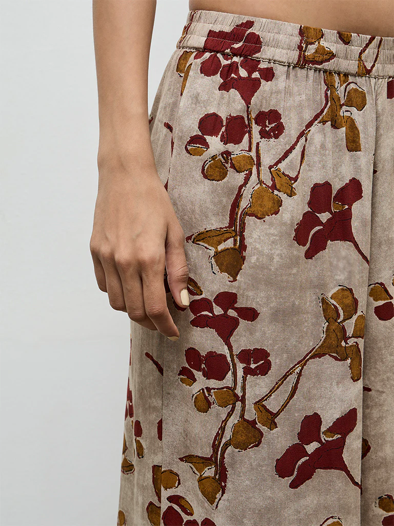 Utsa Light Taupe Floral Printed Palazzos - Image 3