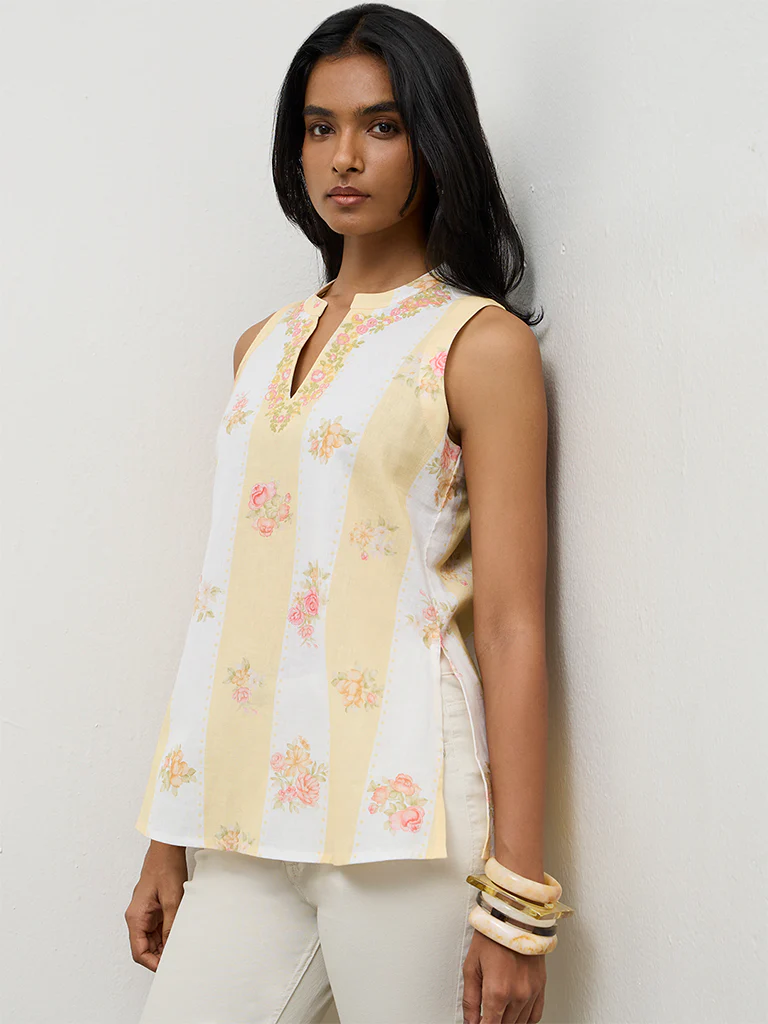 Utsa Light Yellow Floral Printed Cotton-Blend Tunic