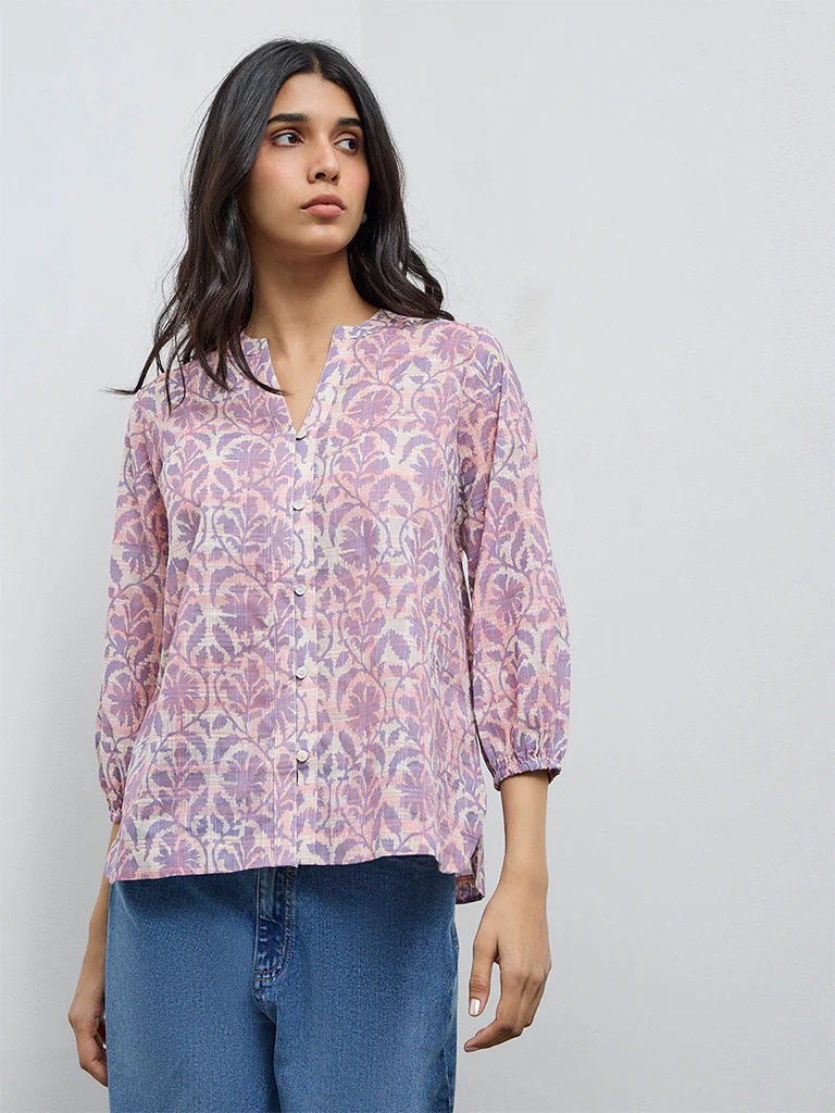Utsa Lilac Botanical Printed Cotton Tunic - Image 2