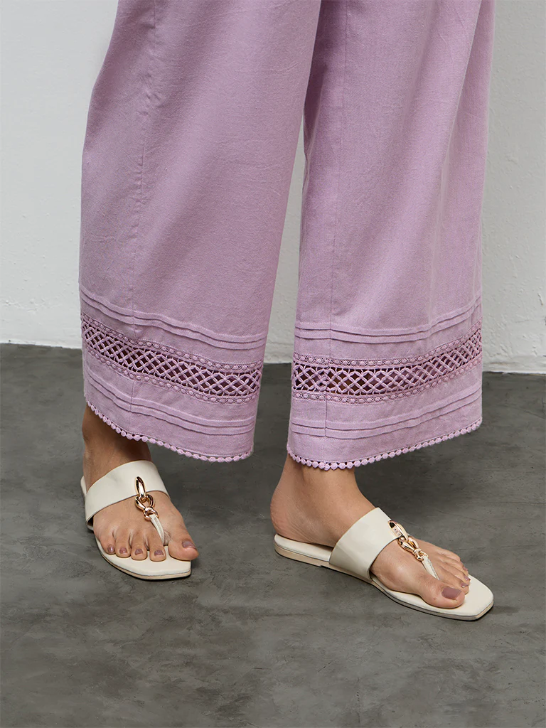 Utsa Lilac Crochet Detailed Cotton-Blend Pants - Image 3