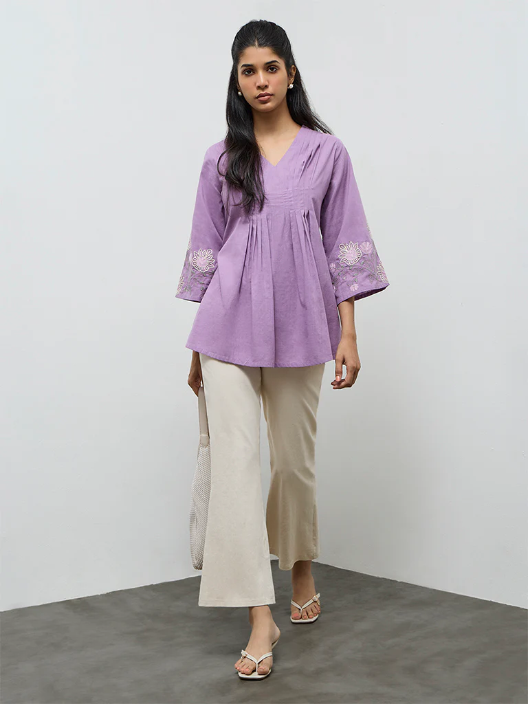 Utsa Lilac Embroidered Cotton Tunic - Image 2