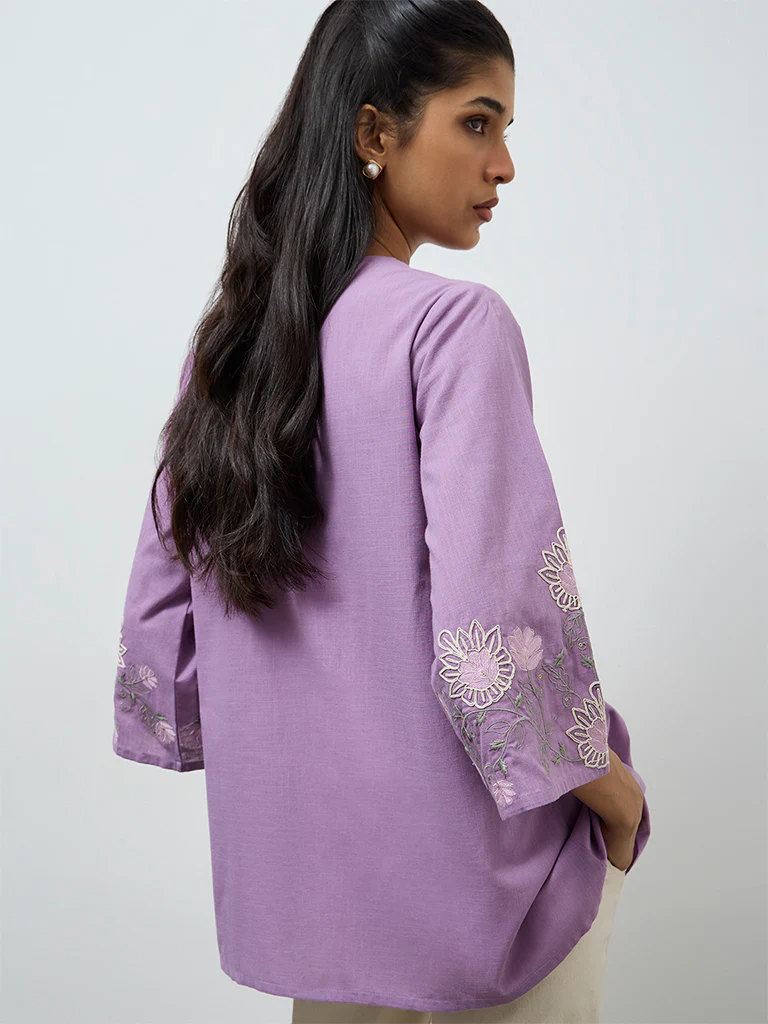 Utsa Lilac Embroidered Cotton Tunic - Image 4