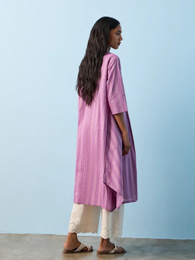 Utsa Lilac Floral Embroidered Cotton A-Line Kurta - Image 4