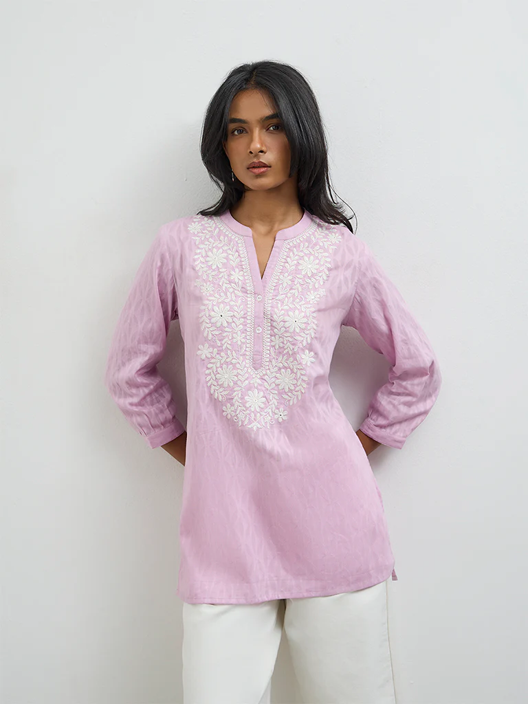 Utsa Lilac Floral Embroidered Cotton-Blend Kurti