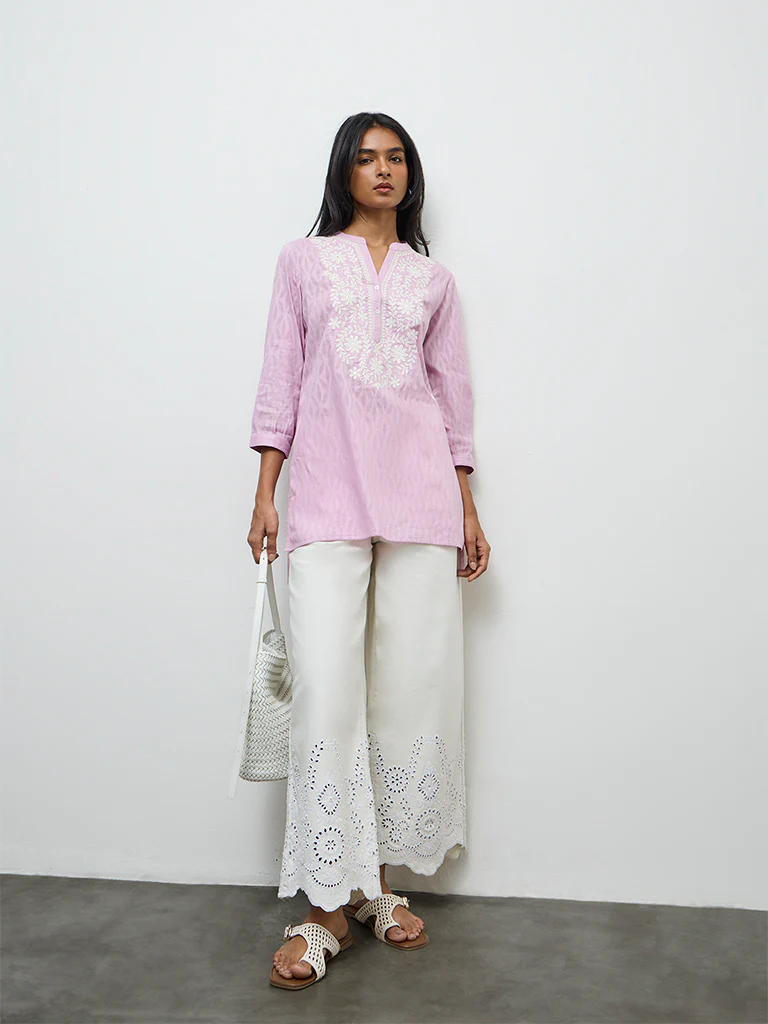 Utsa Lilac Floral Embroidered Cotton-Blend Kurti - Image 2