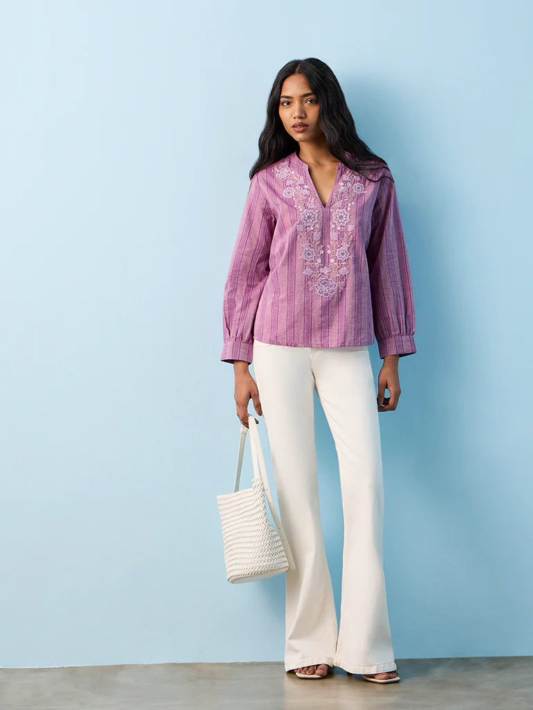 Utsa Lilac Floral Embroidered Cotton Tunic