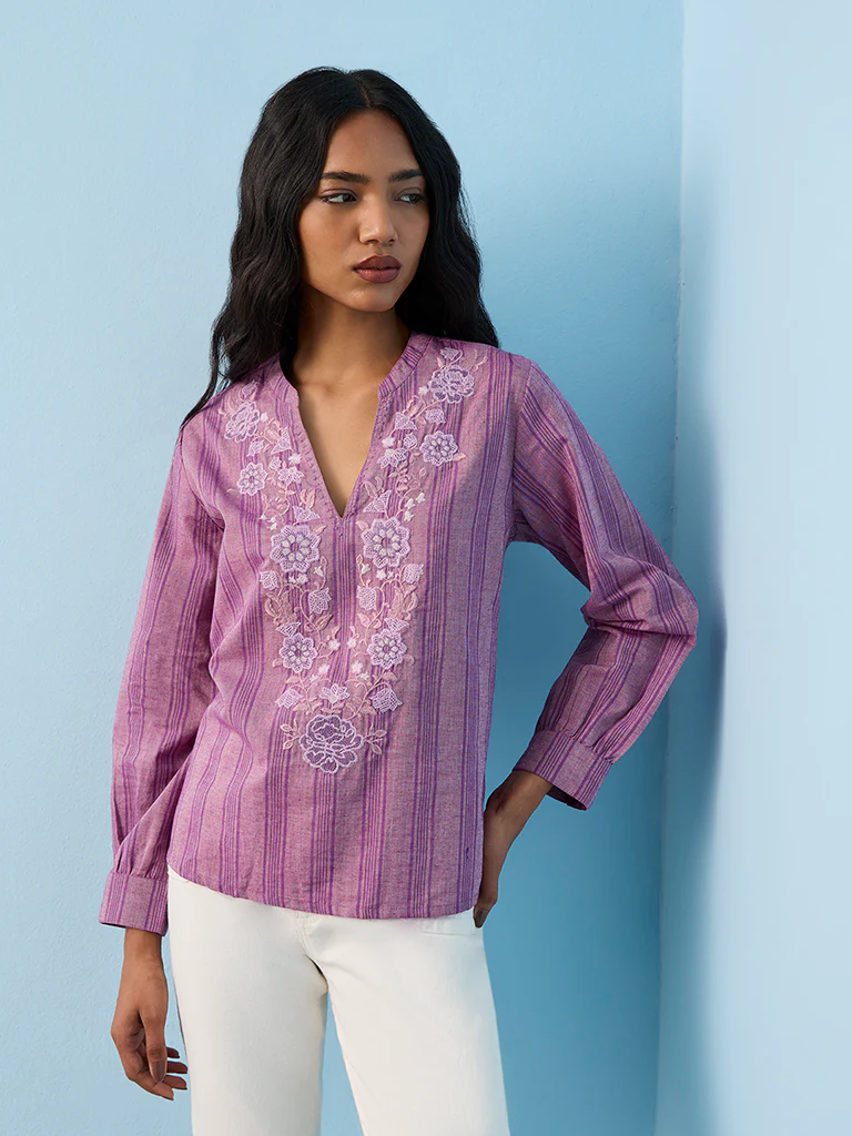Utsa Lilac Floral Embroidered Cotton Tunic - Image 2