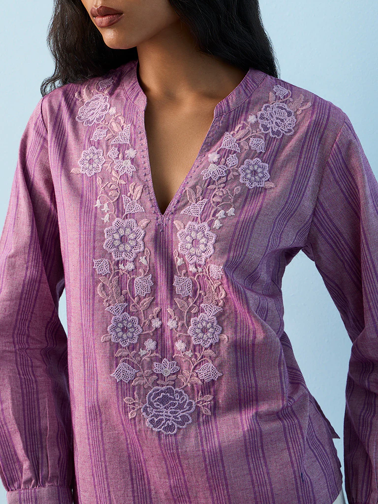 Utsa Lilac Floral Embroidered Cotton Tunic - Image 3
