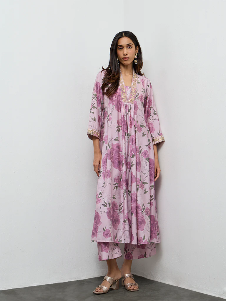 Utsa Lilac Floral Printed A-Line Kurta