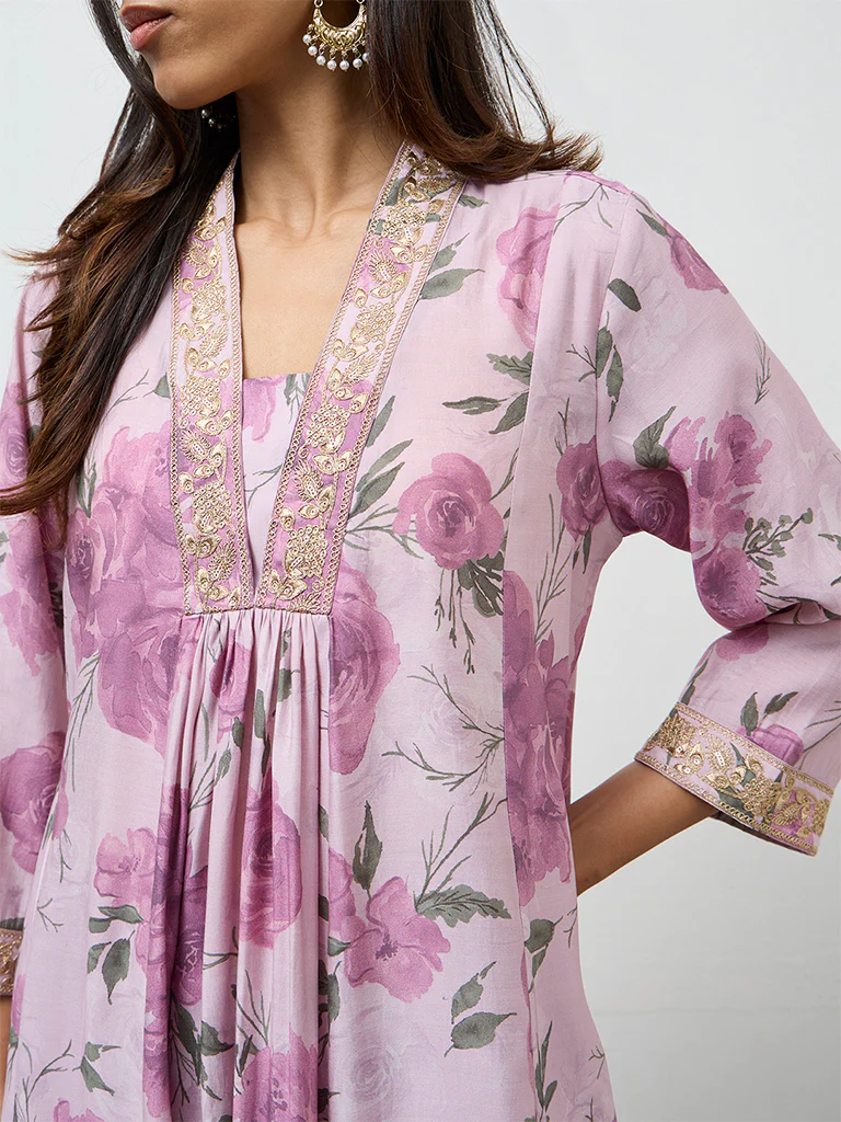 Utsa Lilac Floral Printed A-Line Kurta - Image 3