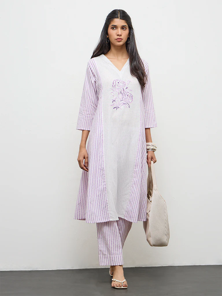 Utsa Lilac Striped Cotton A-Line Kurta - Image 2