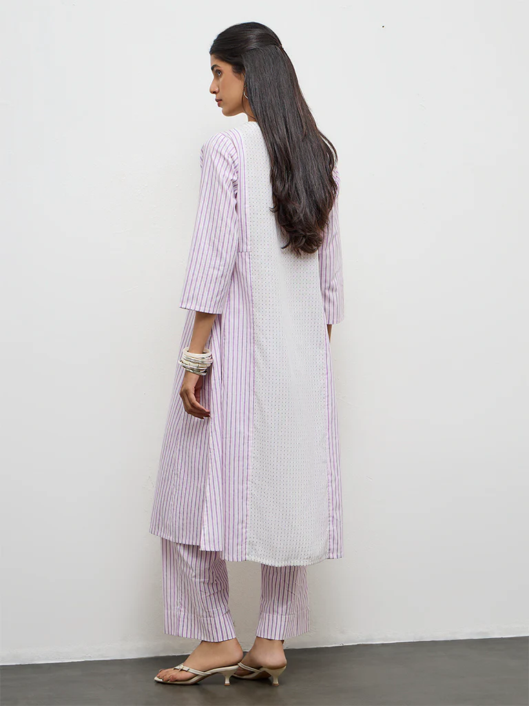 Utsa Lilac Striped Cotton A-Line Kurta - Image 4