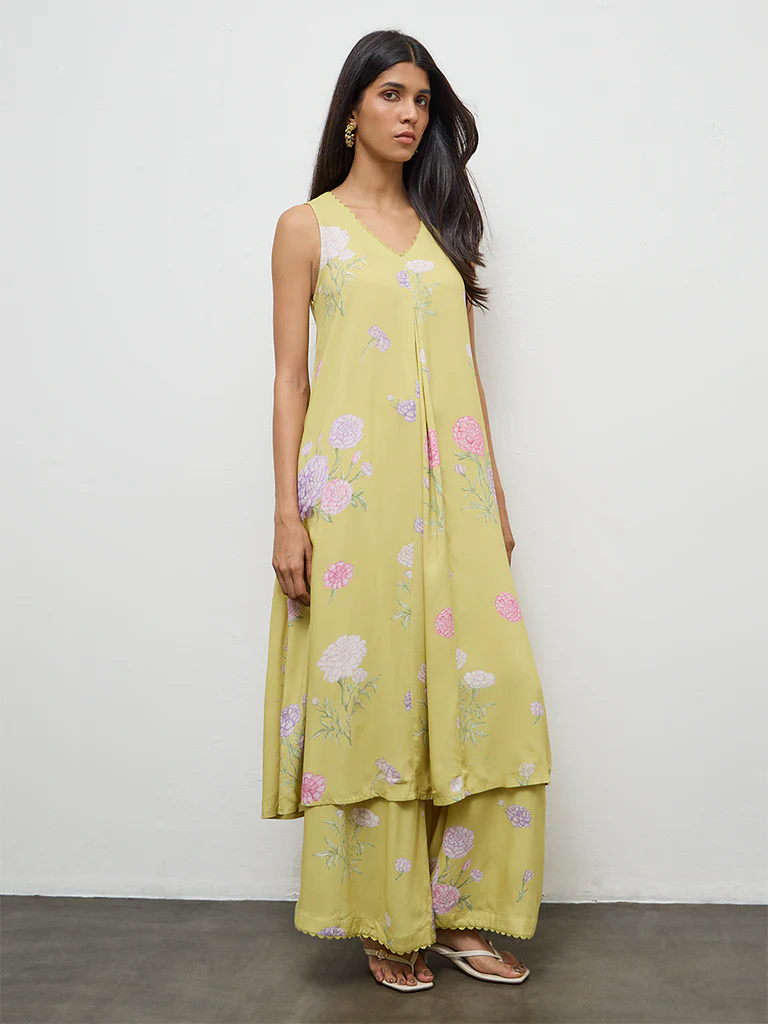 Utsa Lime Floral Design A-Line Kurta - Image 2