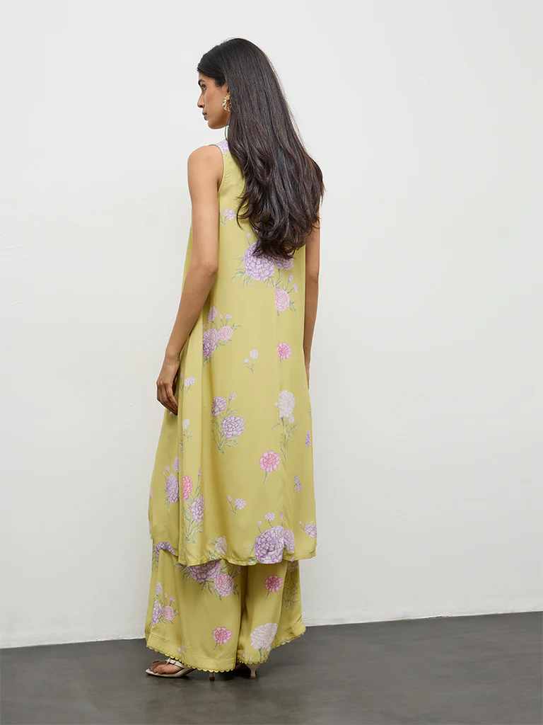 Utsa Lime Floral Design A-Line Kurta - Image 4