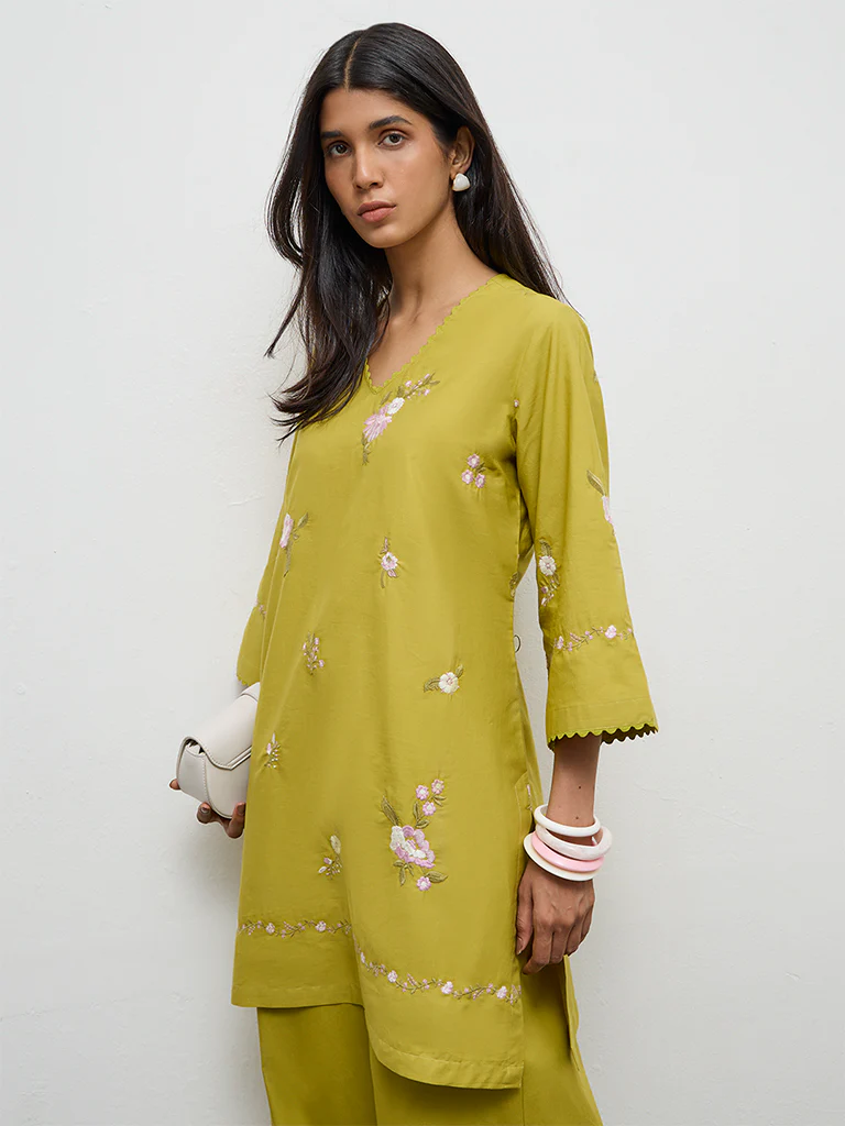 Utsa Lime Floral Embroidered Cotton-Blend A-Line Kurta