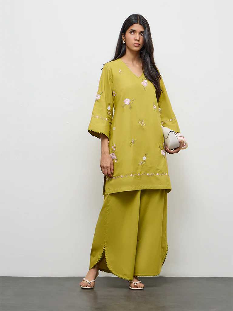 Utsa Lime Floral Embroidered Cotton-Blend A-Line Kurta - Image 2