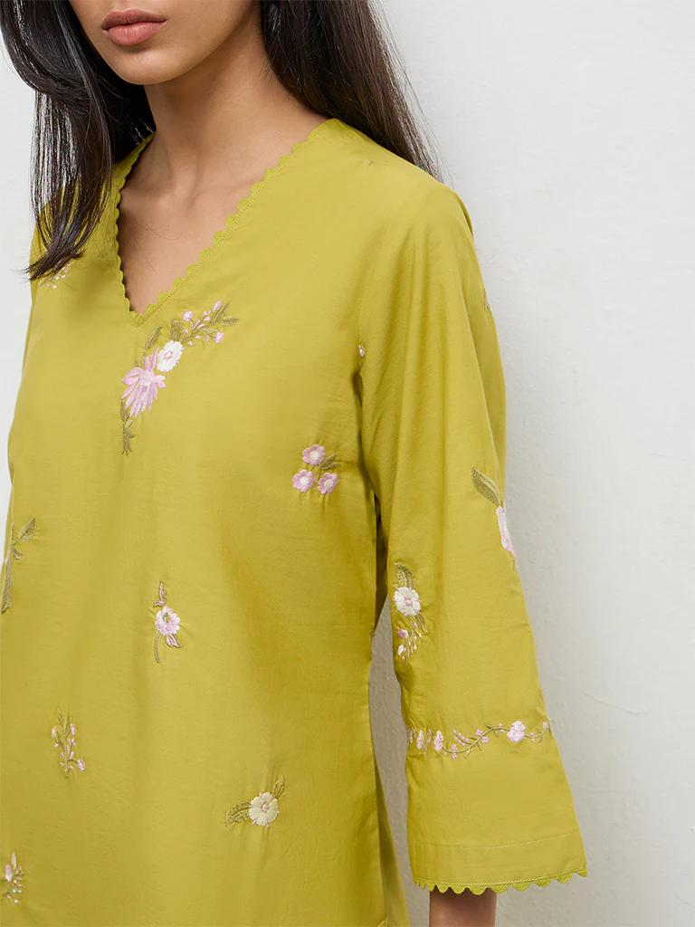 Utsa Lime Floral Embroidered Cotton-Blend A-Line Kurta - Image 3