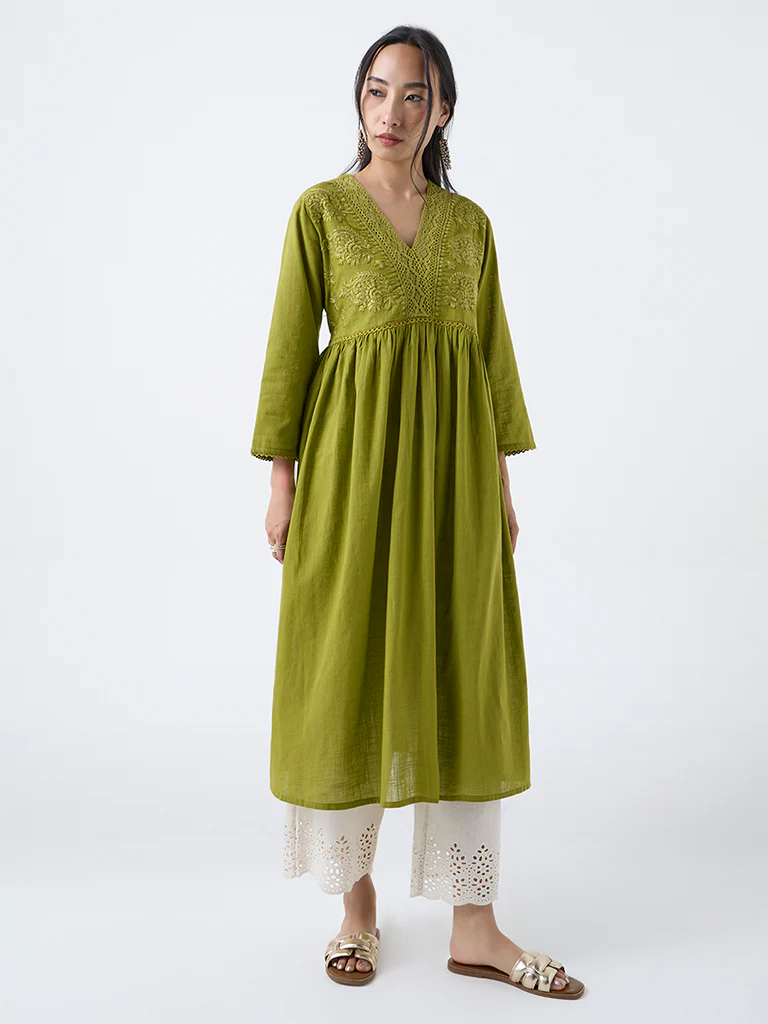 Utsa Lime Floral Embroidered Fit-and-Flare Cotton Kurta