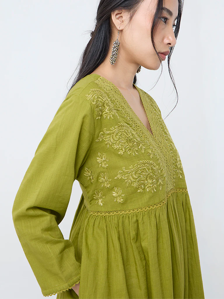 Utsa Lime Floral Embroidered Fit-and-Flare Cotton Kurta - Image 3