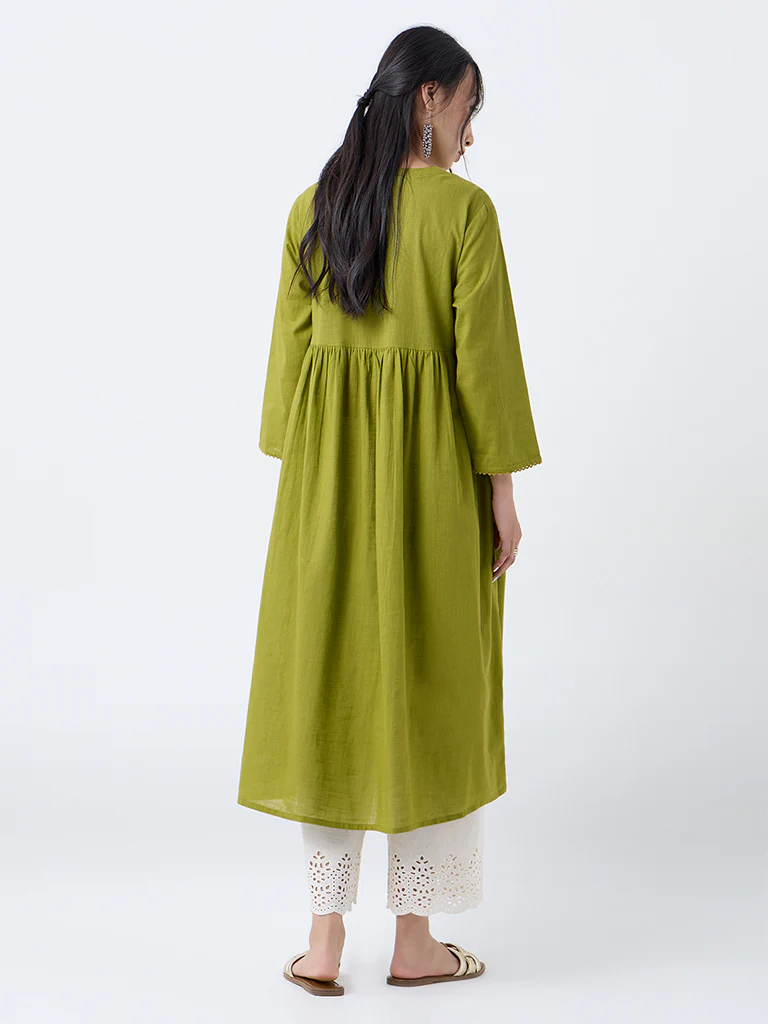 Utsa Lime Floral Embroidered Fit-and-Flare Cotton Kurta - Image 4