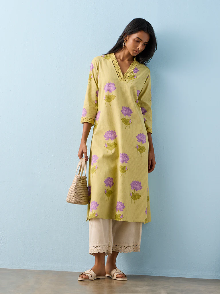 Utsa Lime Floral Printed Cotton-Blend A-Line Kurta