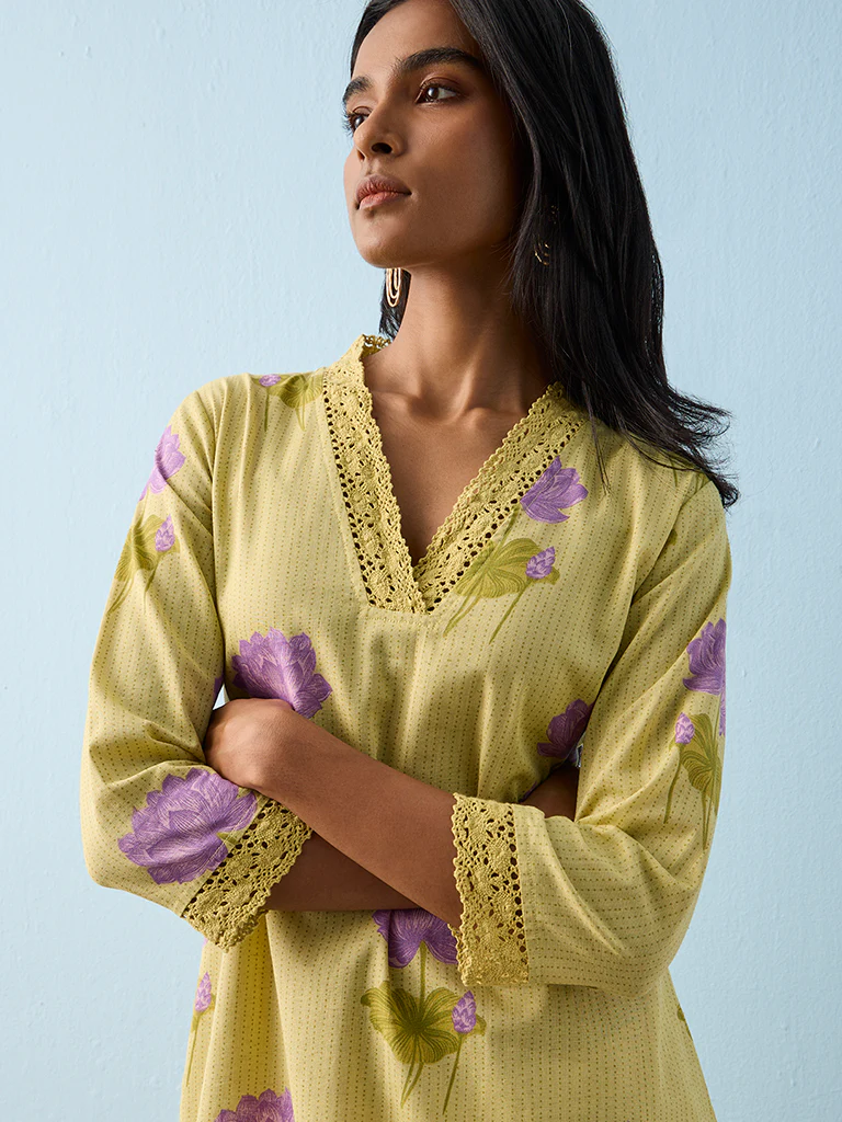 Utsa Lime Floral Printed Cotton-Blend A-Line Kurta - Image 3