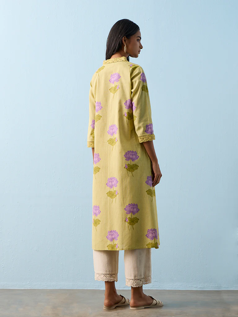 Utsa Lime Floral Printed Cotton-Blend A-Line Kurta - Image 4