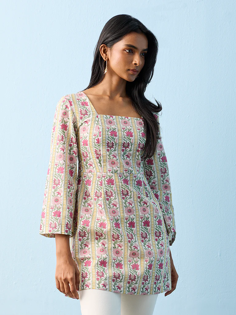 Utsa Lime Floral Printed Cotton Kurti - Image 2