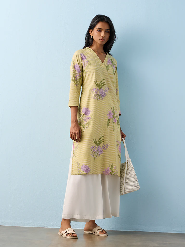 Utsa Lime Floral Printed Cotton Straight Kurta