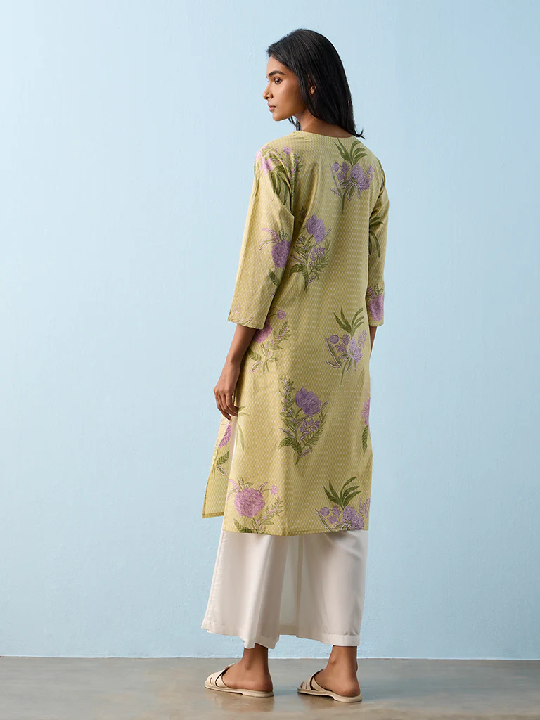 Utsa Lime Floral Printed Cotton Straight Kurta - Image 4