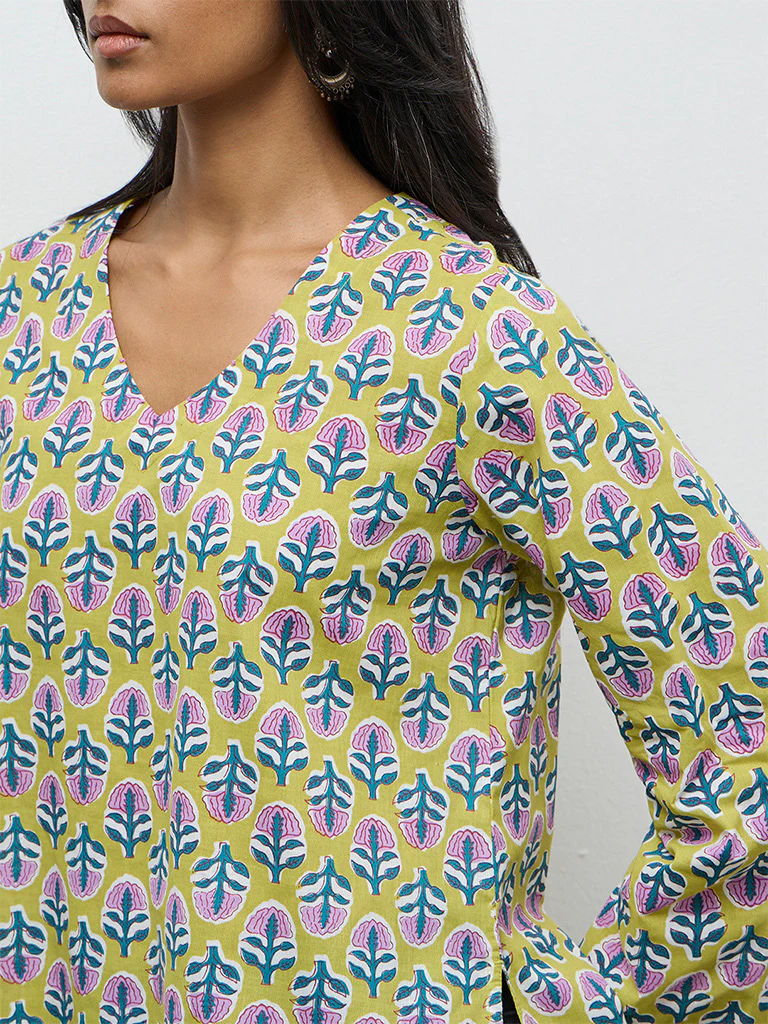 Utsa Lime Floral Printed Cotton Tunic - Image 3