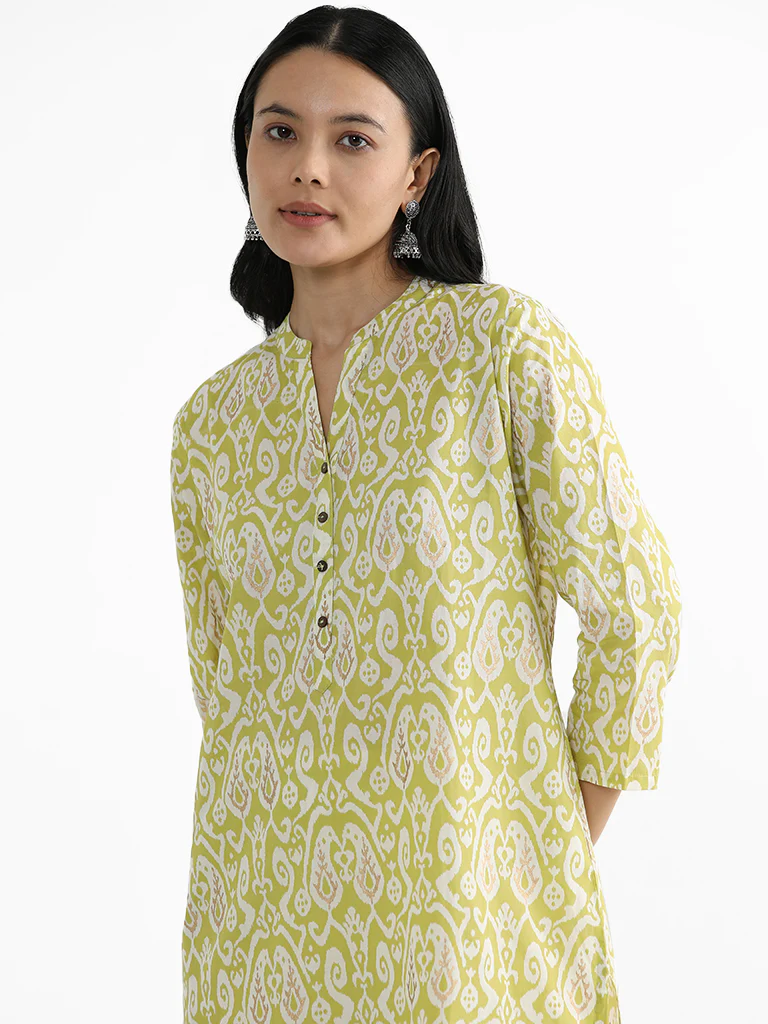 Utsa Lime Ikat Print Cotton Straight Kurta - Image 2
