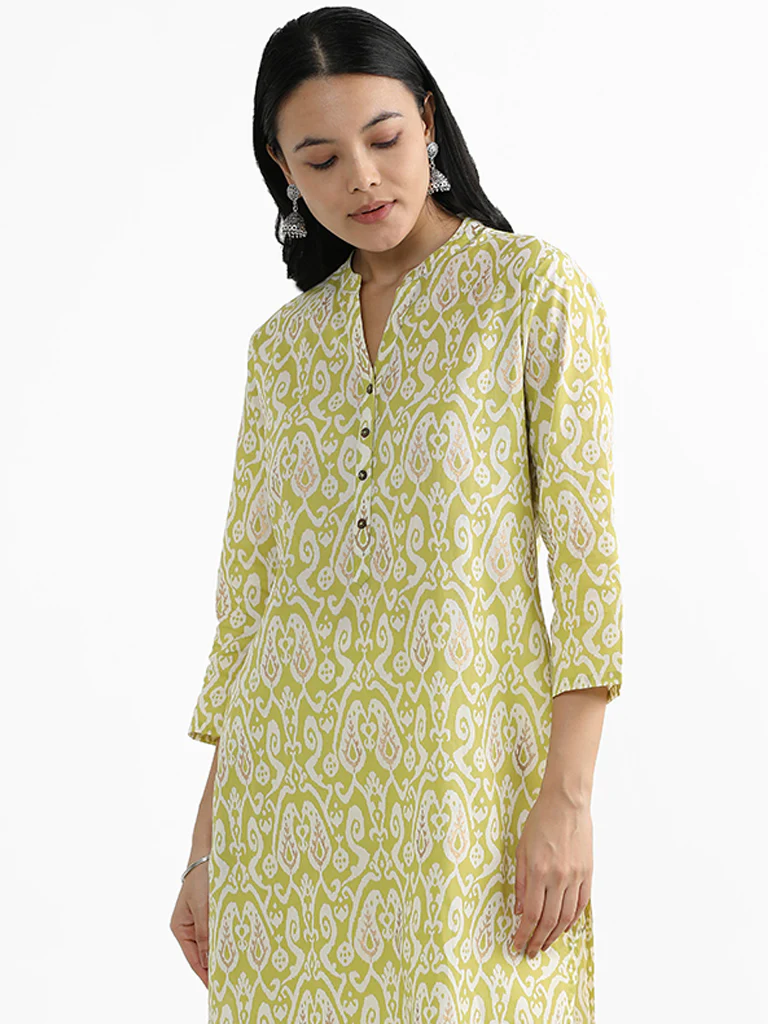 Utsa Lime Ikat Print Cotton Straight Kurta - Image 3