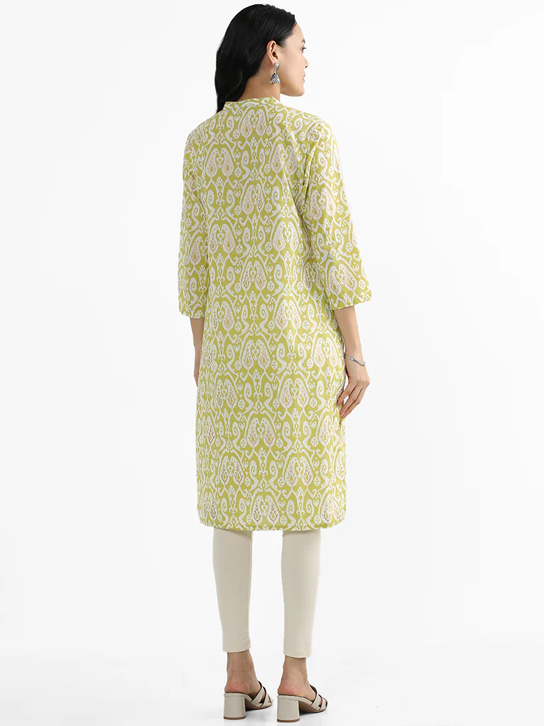 Utsa Lime Ikat Print Cotton Straight Kurta - Image 4