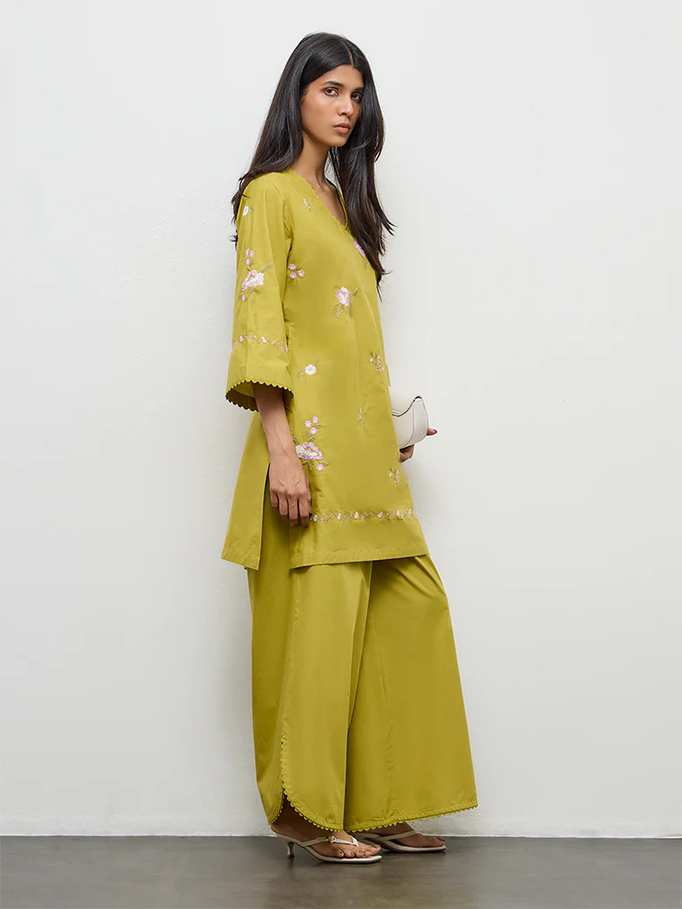 Utsa Lime Solid Cotton-Blend Palazzos - Image 2