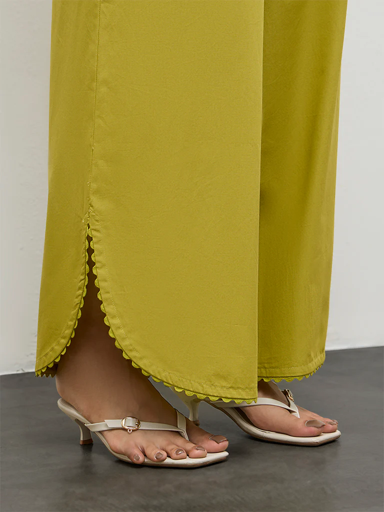 Utsa Lime Solid Cotton-Blend Palazzos - Image 3