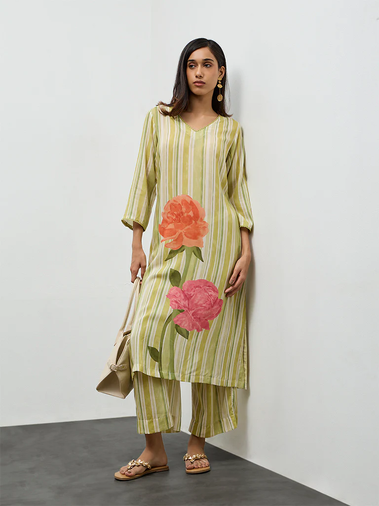 Utsa Lime Striped A-Line Kurta - Image 2
