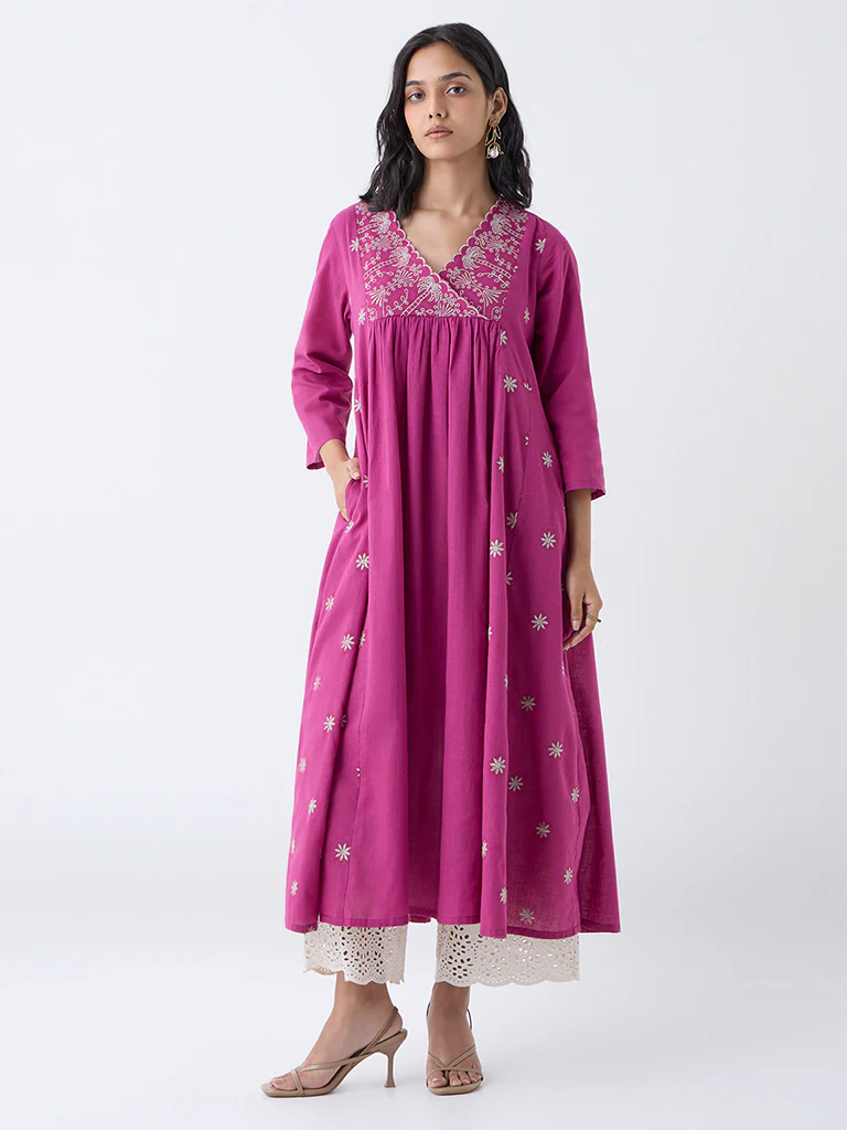 Utsa Magenta Embroidered Anarkali Cotton Kurta