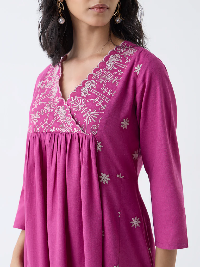 Utsa Magenta Embroidered Anarkali Cotton Kurta - Image 3