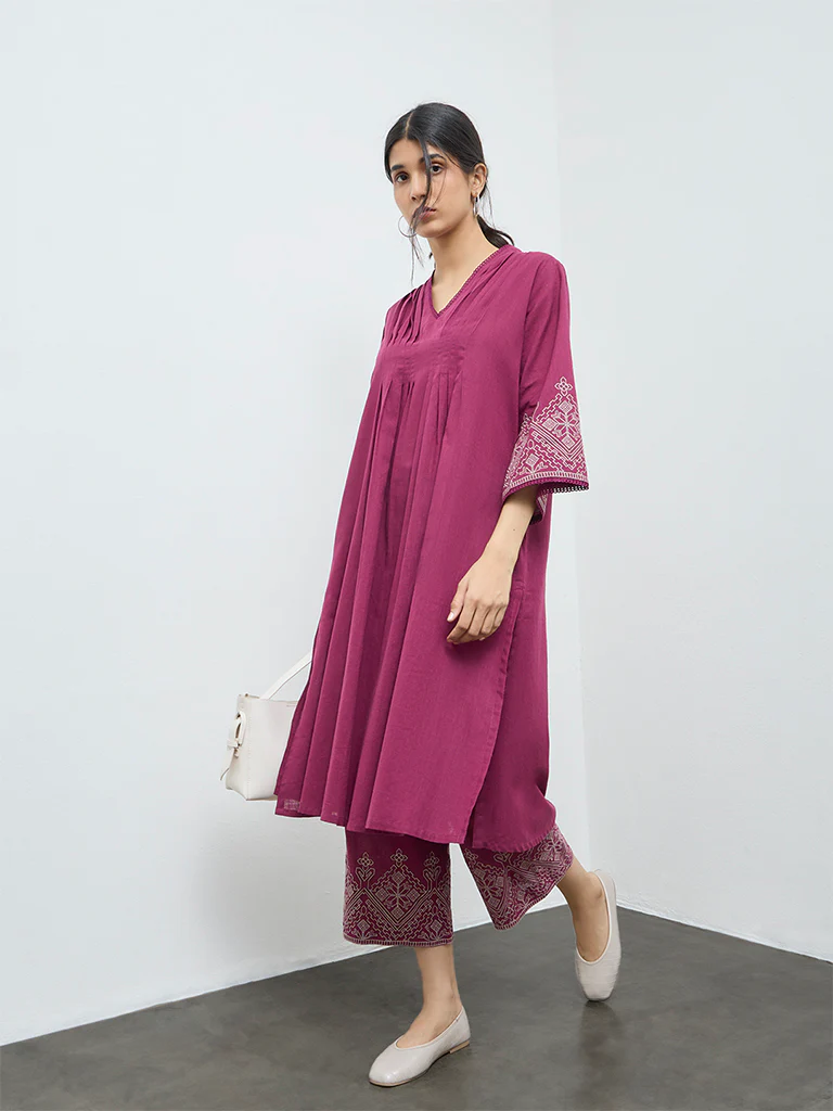 Utsa Magenta Embroidered Cotton A-Line Kurta