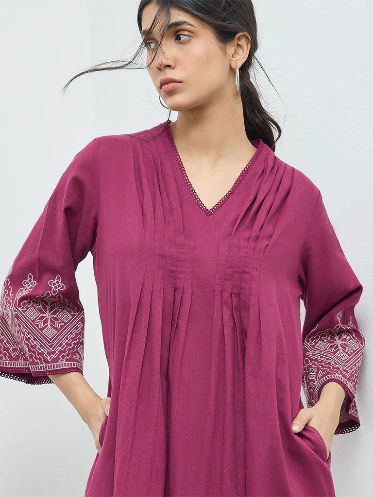Utsa Magenta Embroidered Cotton A-Line Kurta - Image 3