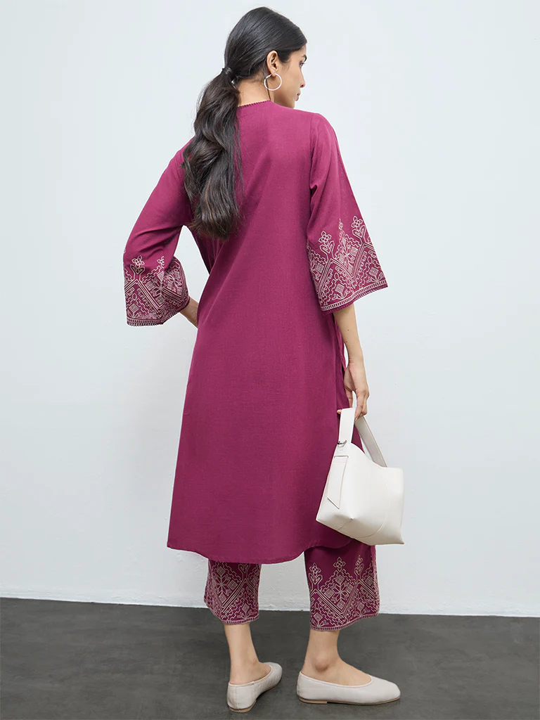 Utsa Magenta Embroidered Cotton A-Line Kurta - Image 4